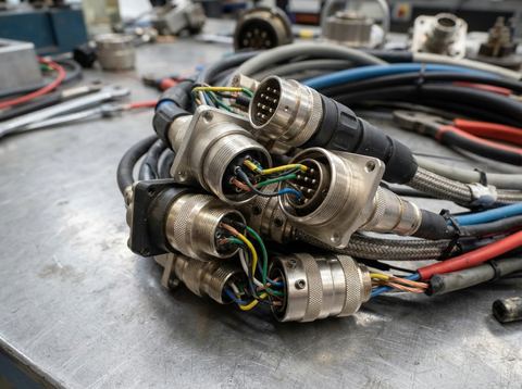 Close-up of industrial electrical connectors and cables on a factory workbench.