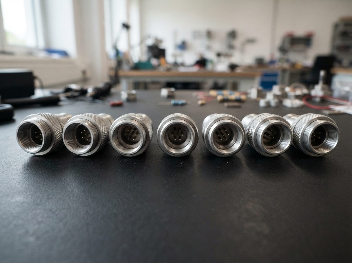 Precision metal connector housings arranged under bright studio lighting.