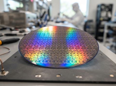 Close-up of a silicon semiconductor wafer reflecting light on a workbench.