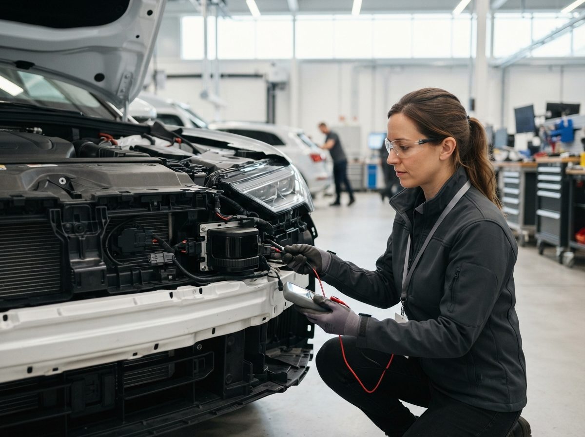 Automotive engineer inspecting a radar sensor module inside a vehicle bumper assembly.