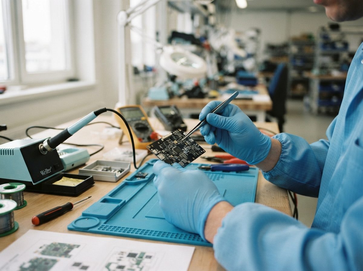 A technician assembling a small circuit board on a bright factory workbench.
