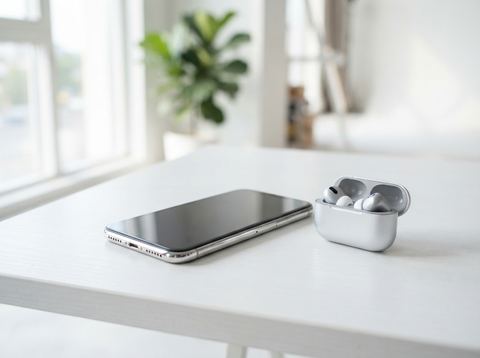 A modern silver smartphone and wireless earbuds displayed on a clean white desk under soft natural light.