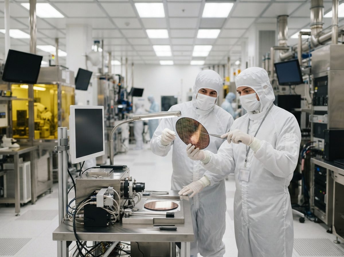 Technicians in white cleanroom suits inspecting silicon wafers inside a high-tech semiconductor fabrication facility.