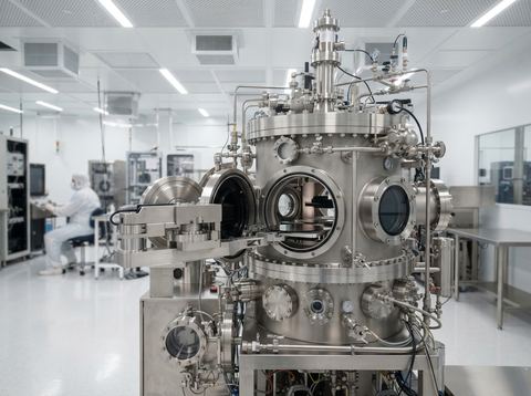 Technician inspecting a large semiconductor deposition machine inside a bright cleanroom.