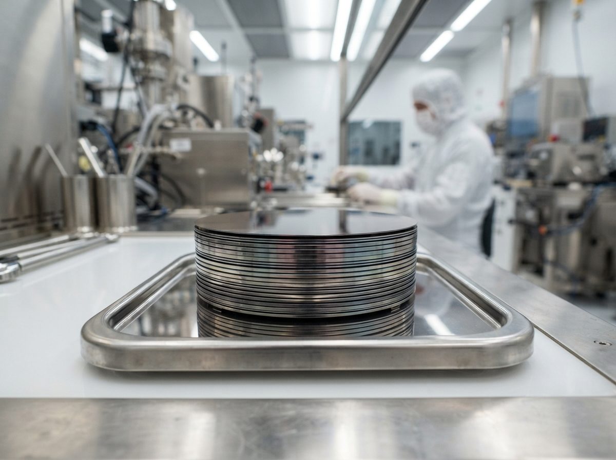 Stack of reflective silicon wafers on a tray inside a semiconductor fabrication cleanroom.