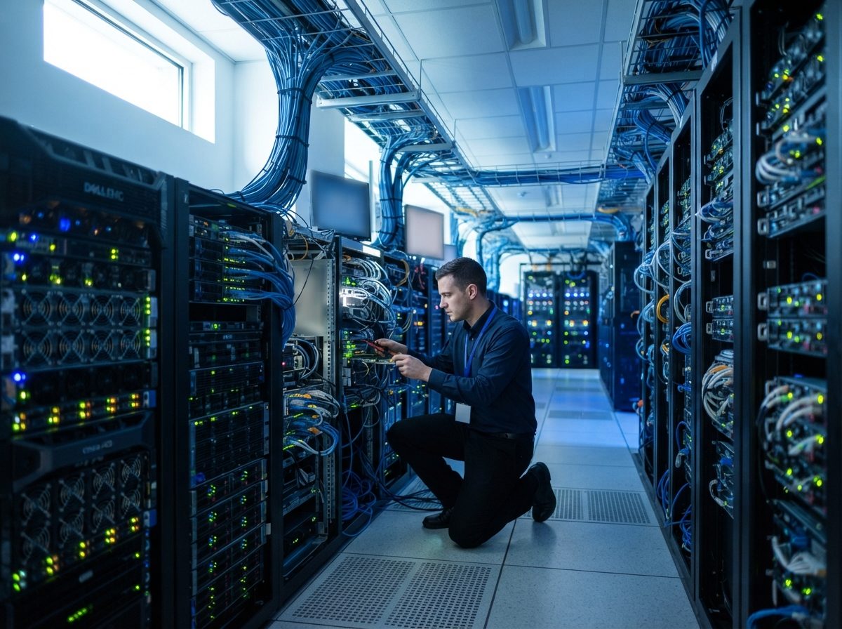 Illuminated server room with rows of data racks representing digital advertising infrastructure.