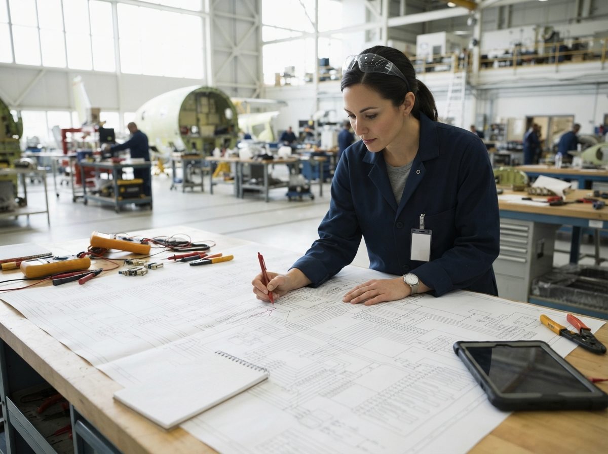 A technician inspecting a carbon-fiber rotor blade inside a bright aerospace assembly facility.