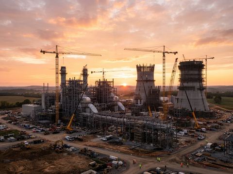 A power plant construction site at sunrise with cranes and cooling towers silhouetted against the sky.