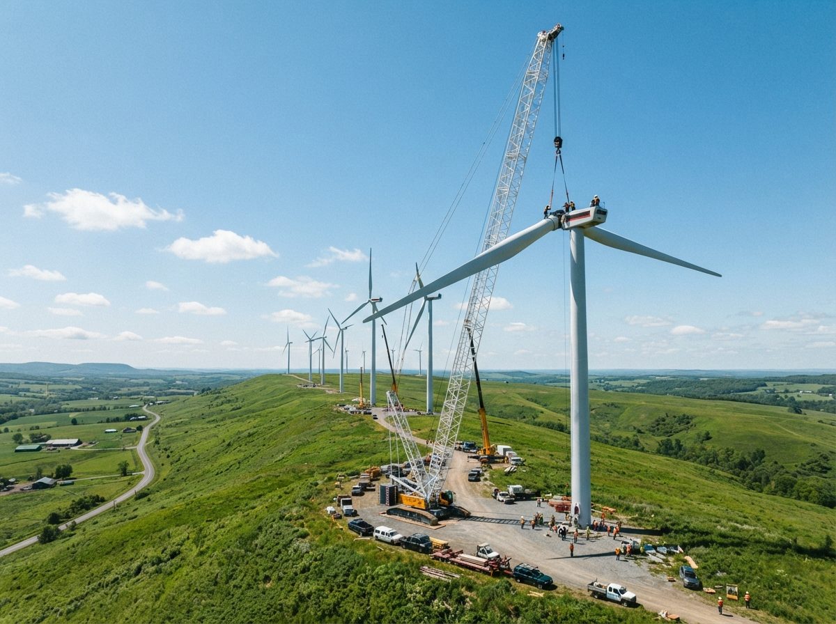 A crane lifting a wind turbine blade into place on a green hillside under a clear sky.