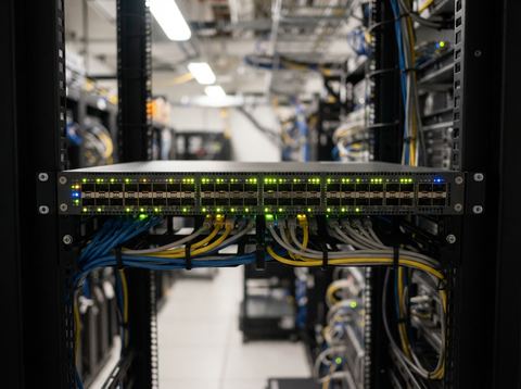 Close-up of an Ethernet switch with illuminated ports mounted in a data center server rack.
