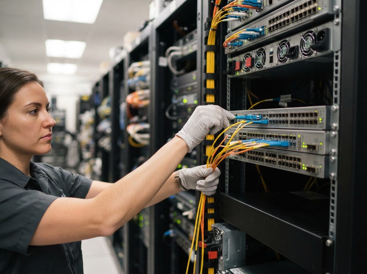 Technician connecting a fiber optic cable to a network switch inside a data center.