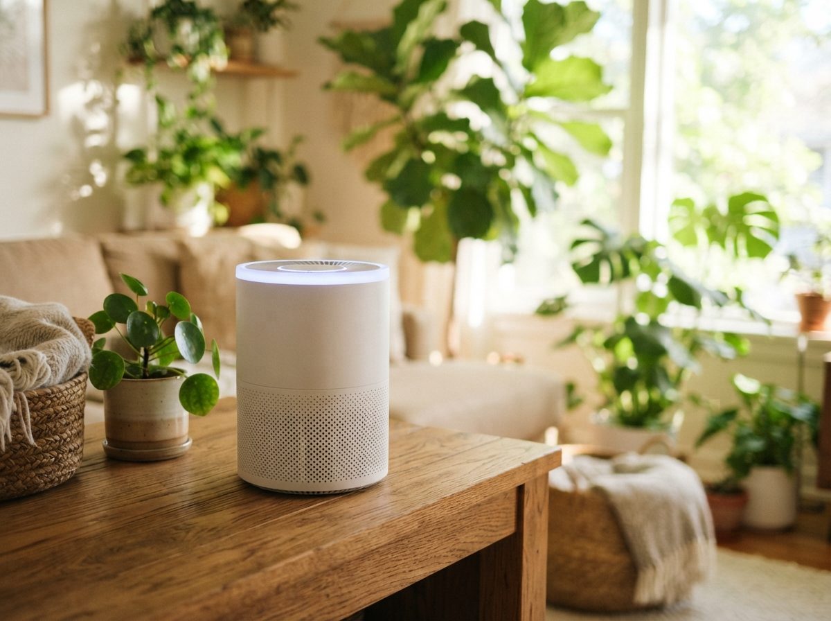 An air purifier appliance in a bright living room setting, representing a home goods brand category.