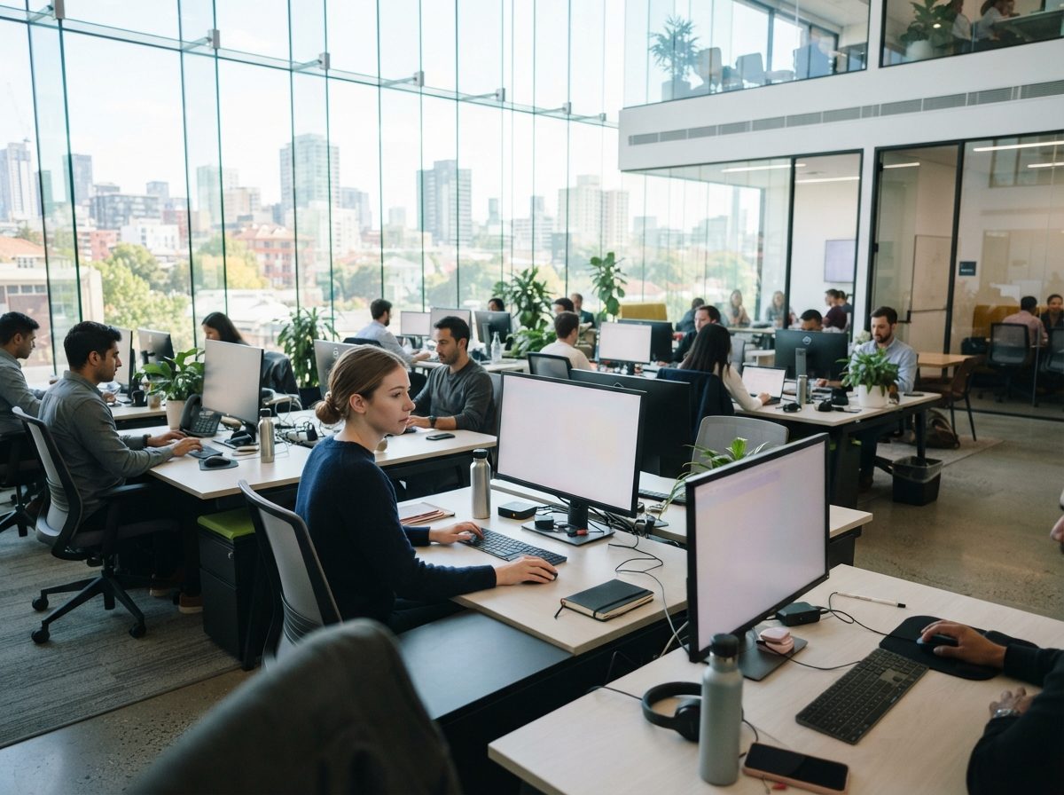 A bright, modern corporate office with employees working at their desks.