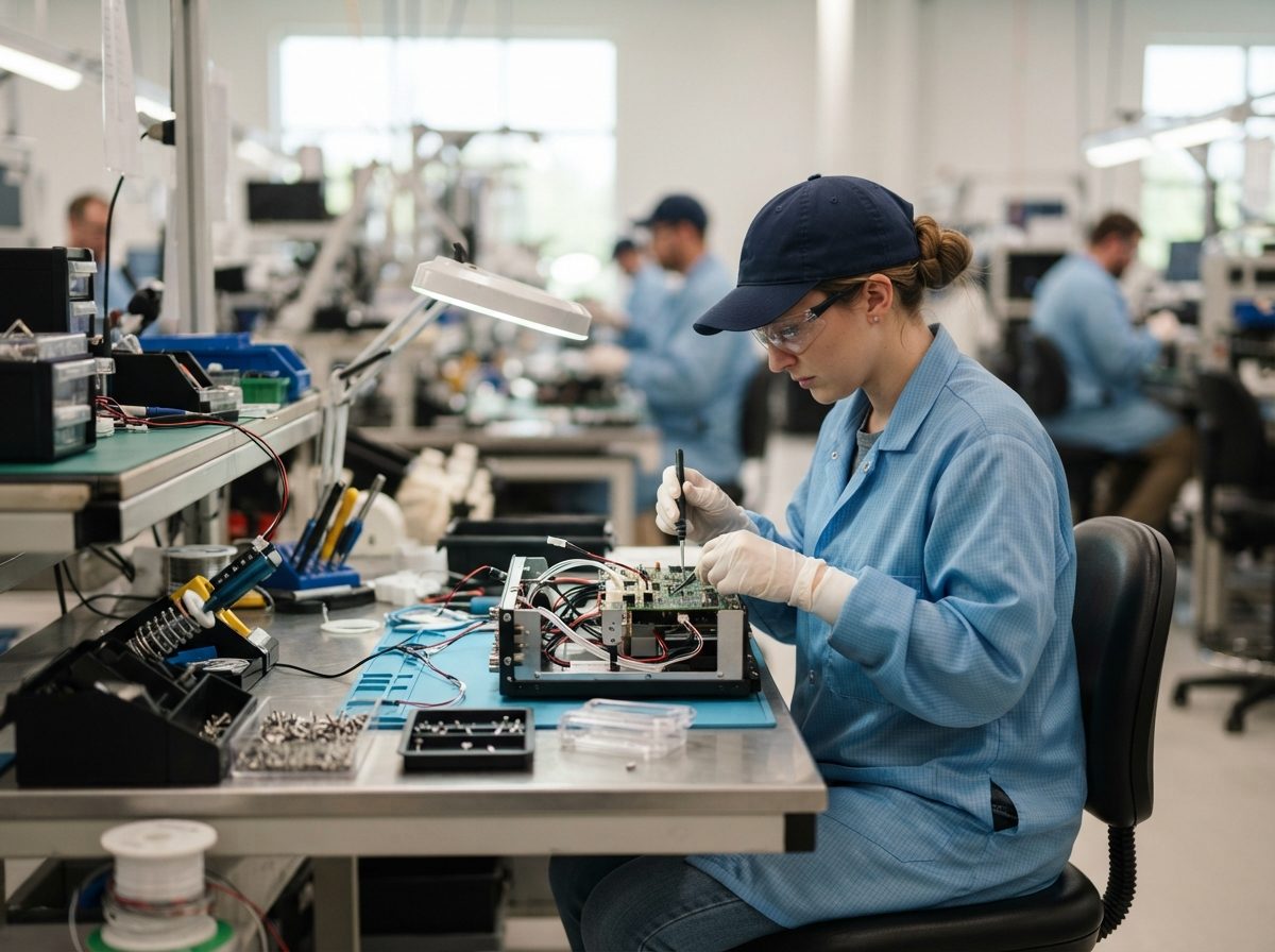 Technician assembling electronic hardware components on a bright factory production line.