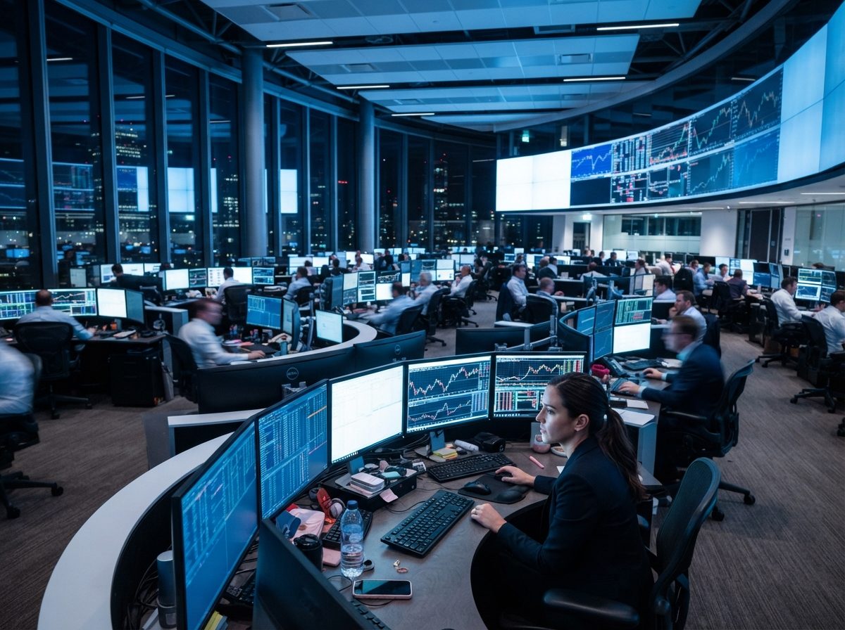 A modern trading floor with multiple computer screens displaying financial data