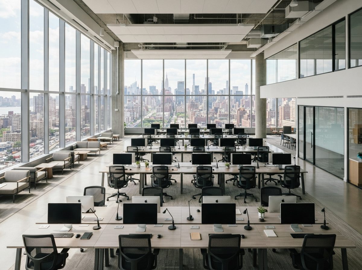 A bright, spacious modern office floor with empty desks and a city skyline visible through large windows.