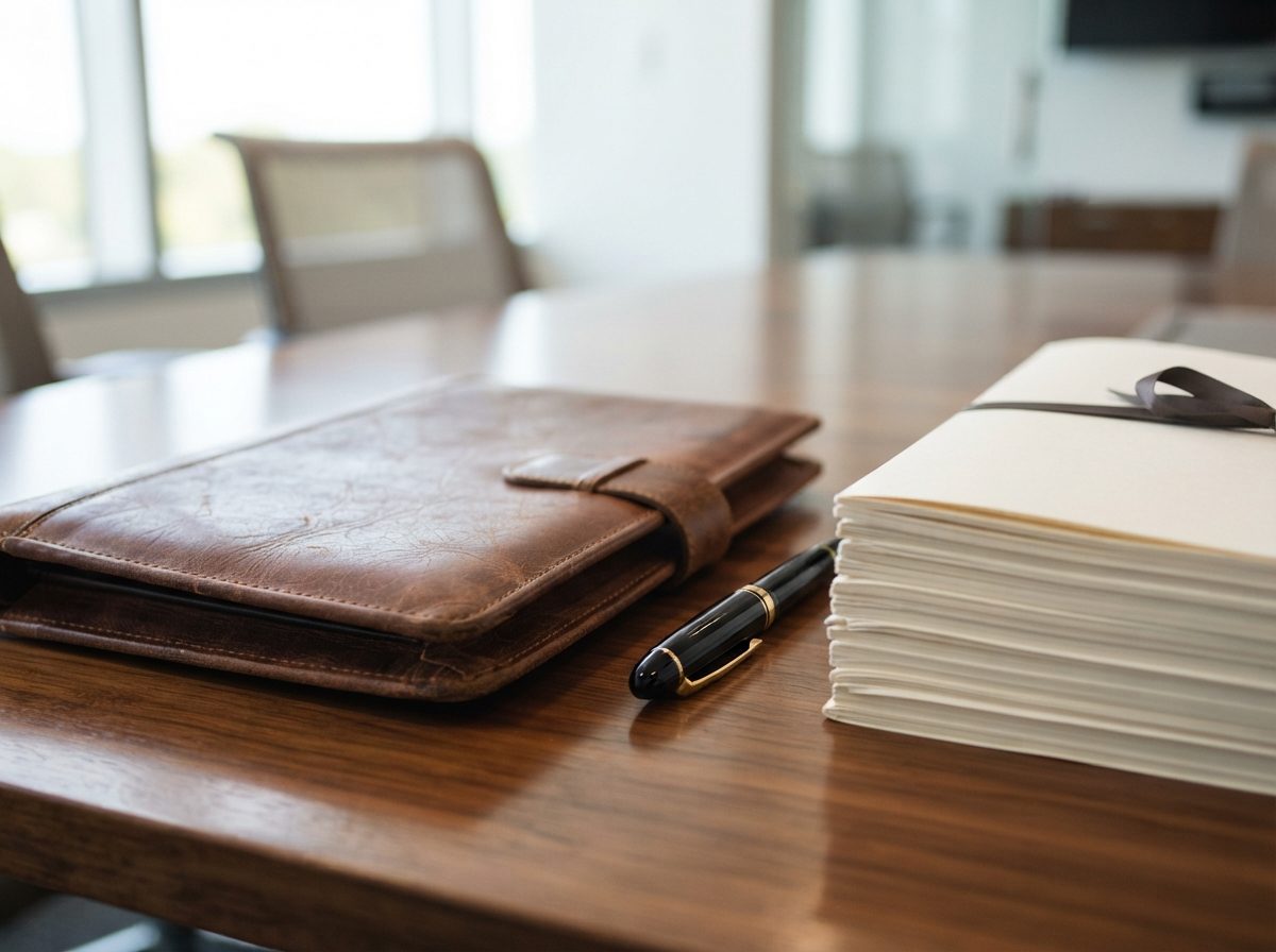 A leather portfolio and pen on a wooden conference table in a corporate office setting.