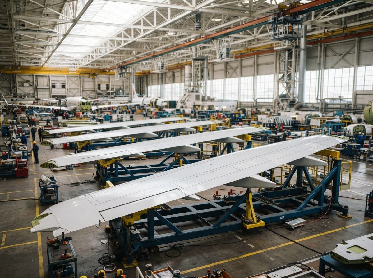 Finished airplane wings resting on support cradles inside a sunlit aerospace manufacturing facility.