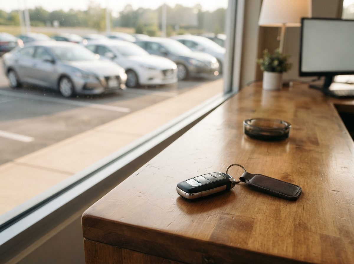 A rental car key fob on a counter desk with clean sedans visible through the window.