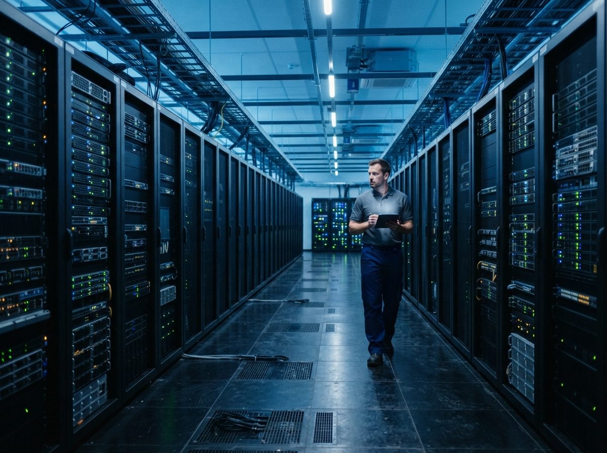 Rows of illuminated server racks in a modern data center used for AI computing infrastructure.