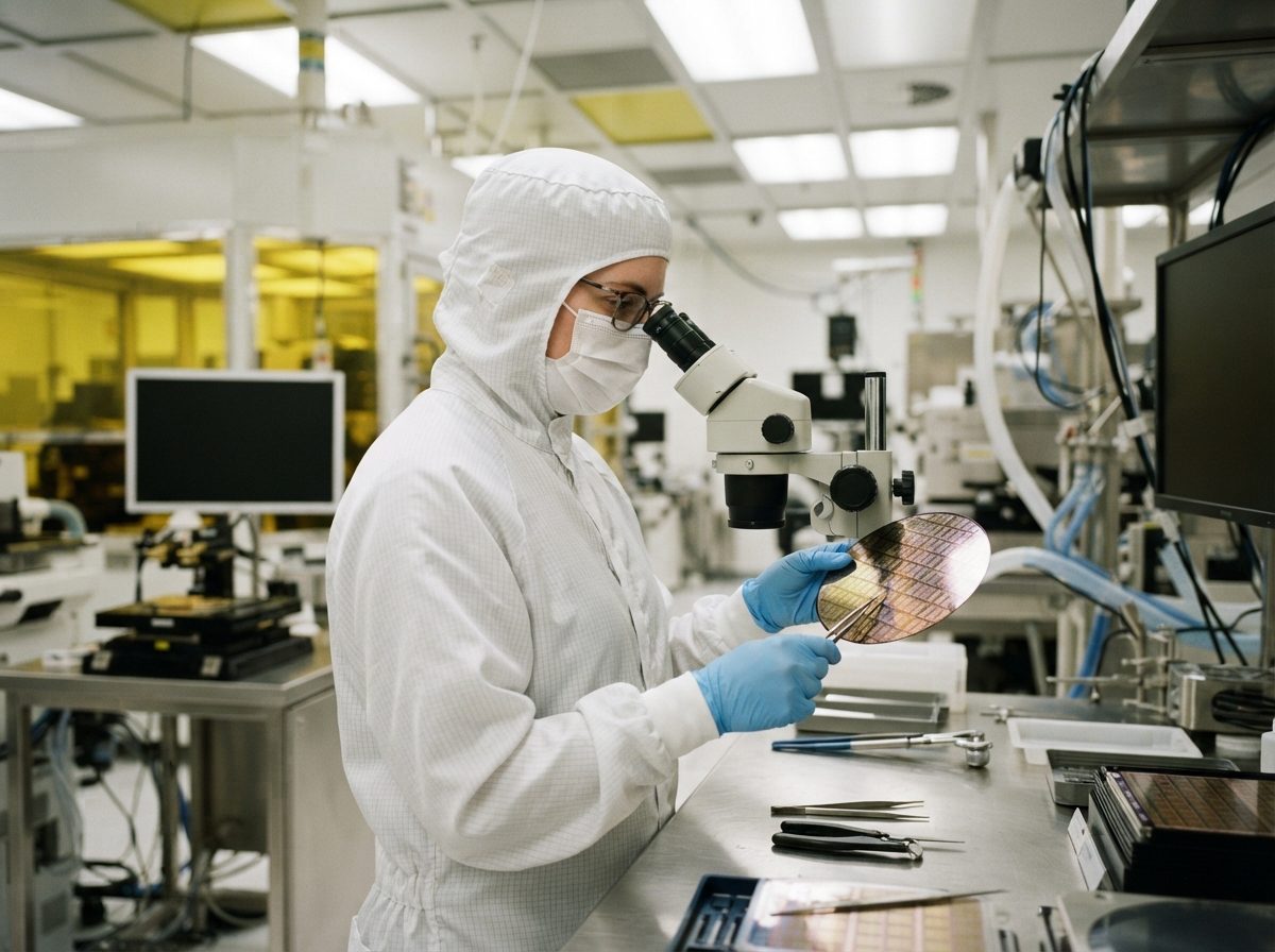 Technician in cleanroom attire inspecting a semiconductor wafer inside a fabrication facility.