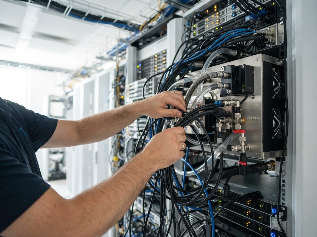 An engineer adjusting cooling equipment connected to an AI server system in a modern lab.