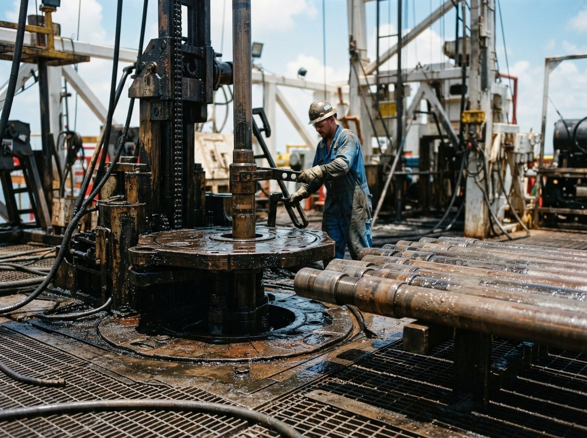 An engineer in safety gear inspecting pipeline valves and gauges at a sunlit refinery.