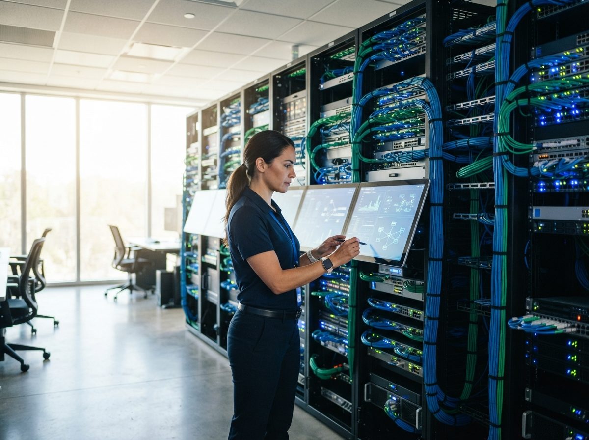 Network operations center with a technician monitoring illuminated equipment racks and organized cable bundles.