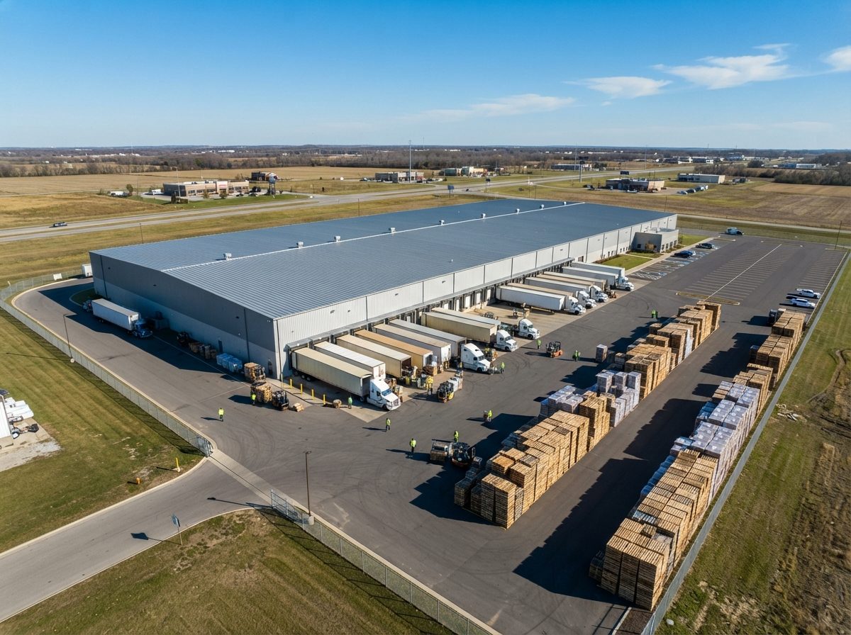 Aerial view of a beverage distribution warehouse with stacked pallets and delivery trucks at loading docks.
