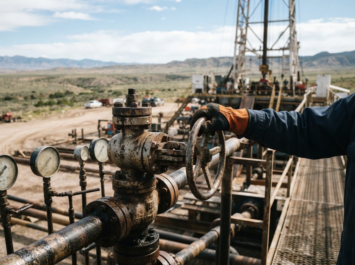 A gloved hand adjusting a valve wheel on steel drilling equipment at an onshore oil field.