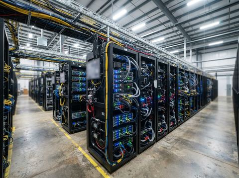 Illuminated rows of server racks with dense cabling inside a large data center hall.