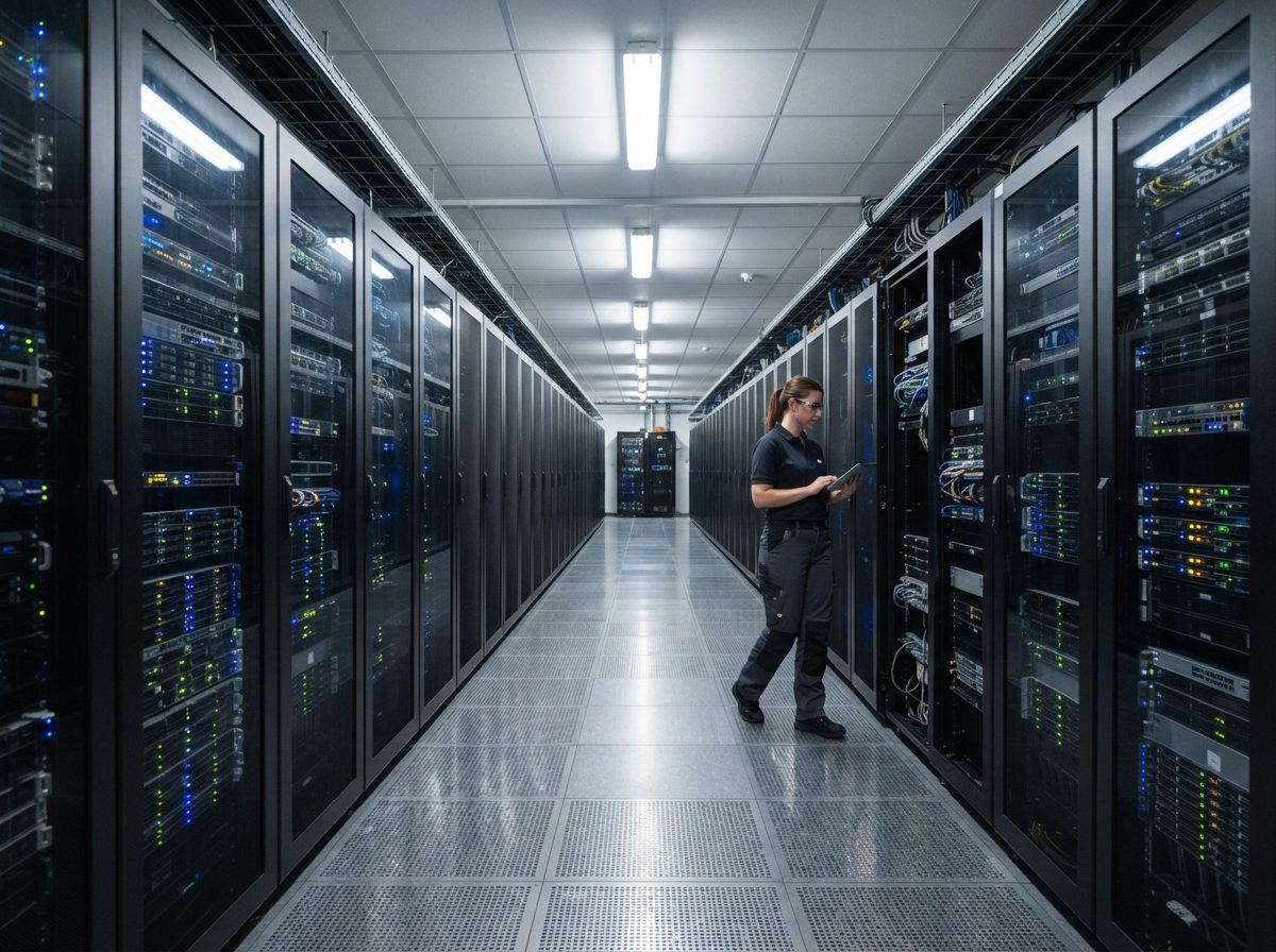Long hallway of glowing server cabinets inside a modern data center.