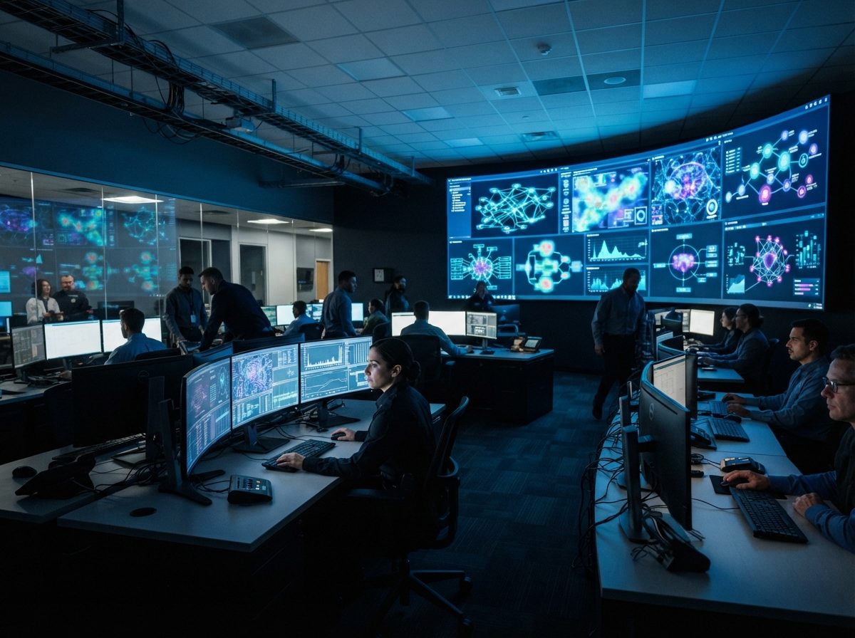 Security operations center with multiple monitors displaying abstract network data visualizations.