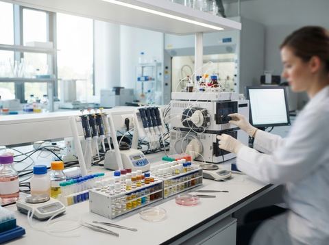 Scientific instruments and sample vials arranged on a laboratory bench under bright lighting.