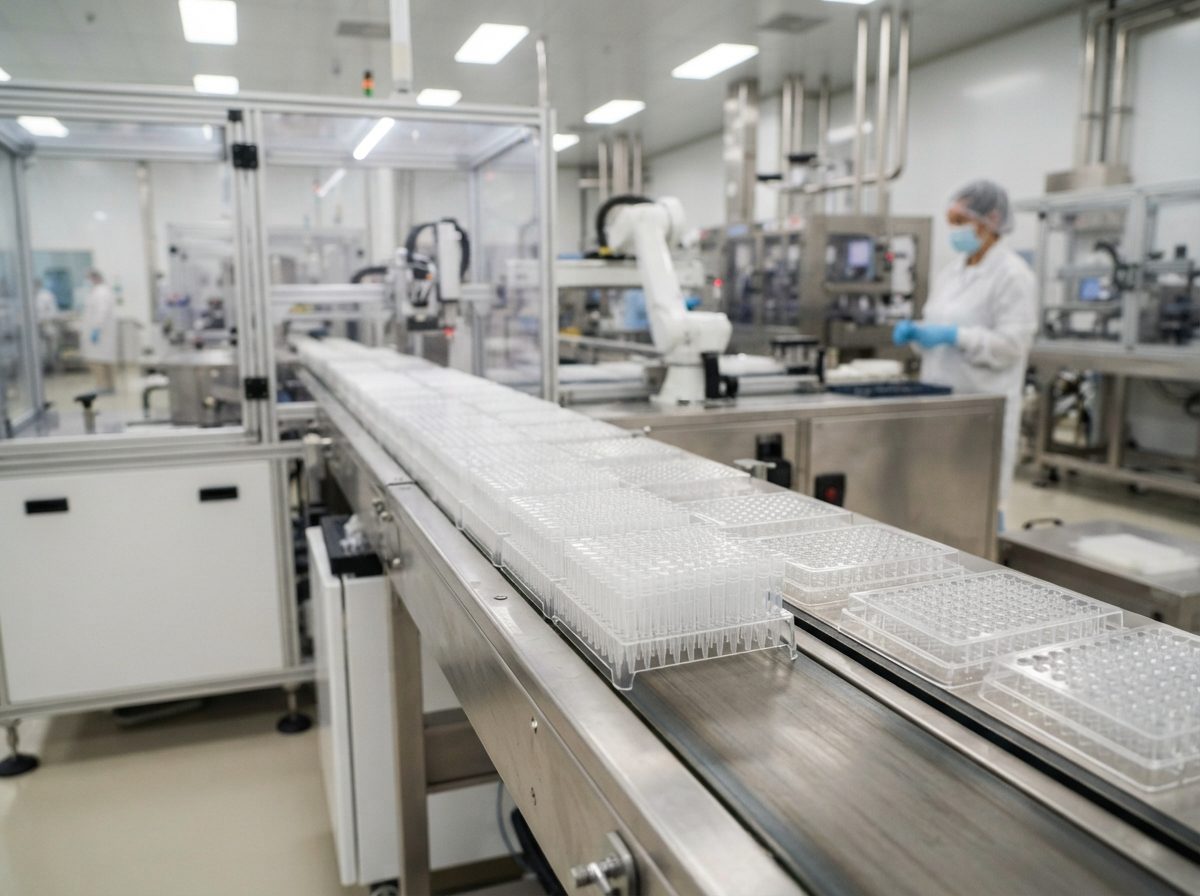 Laboratory consumables such as pipette tips moving along a manufacturing conveyor line.