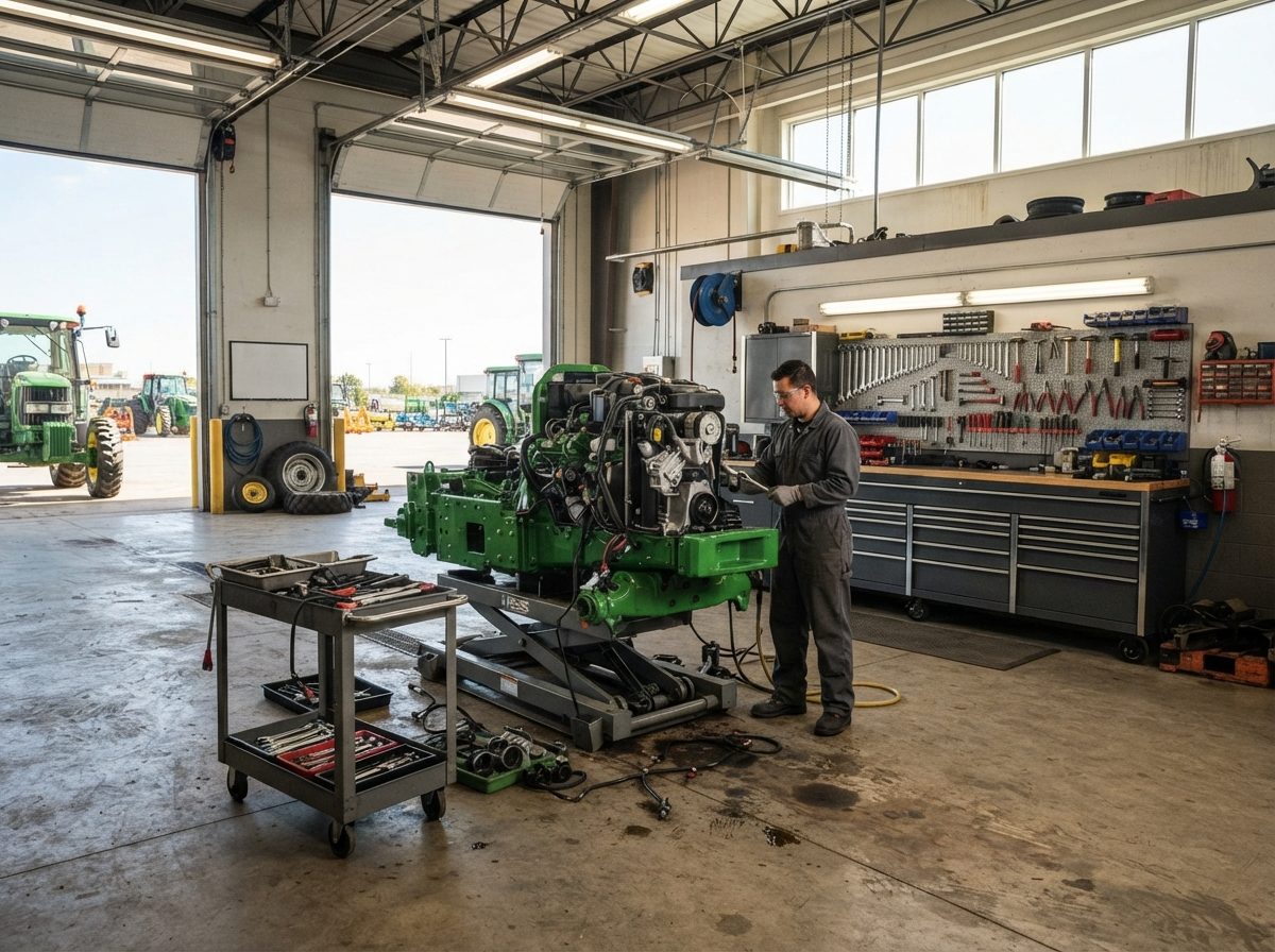 A tractor engine being serviced on a lift inside an equipment dealership bay.