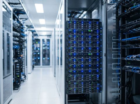 Bright data center hallway lined with glowing server racks representing enterprise hardware infrastructure.