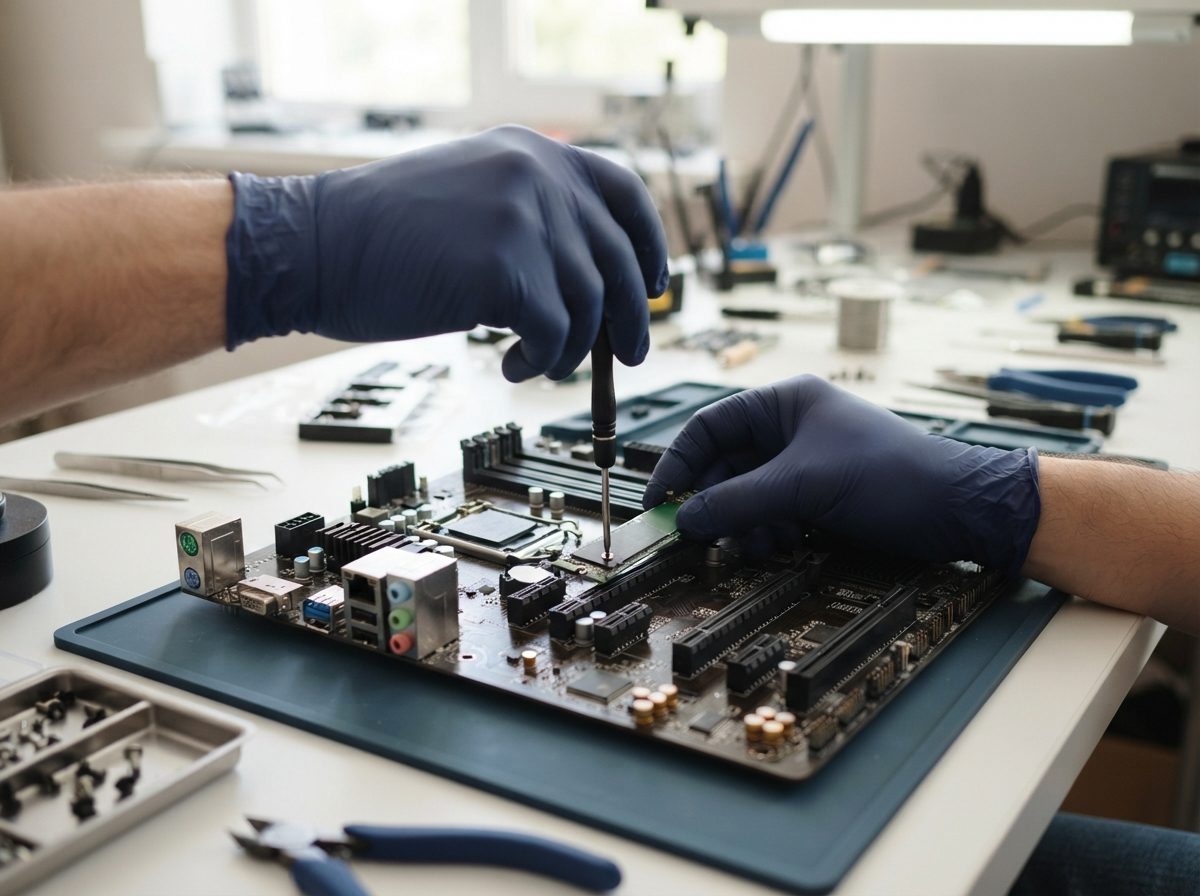 Technician assembling computer hardware components on a clean workbench in a bright facility.