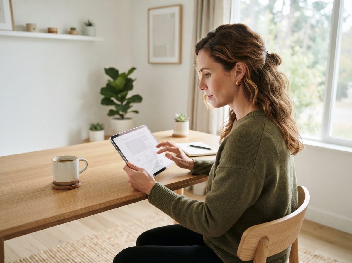 A small business owner reviewing a website dashboard on a tablet in a home office.