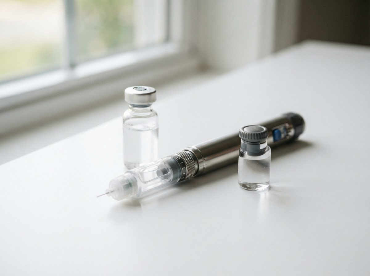 Insulin pen and vial on a clean surface representing diabetes and cardiometabolic medicine.