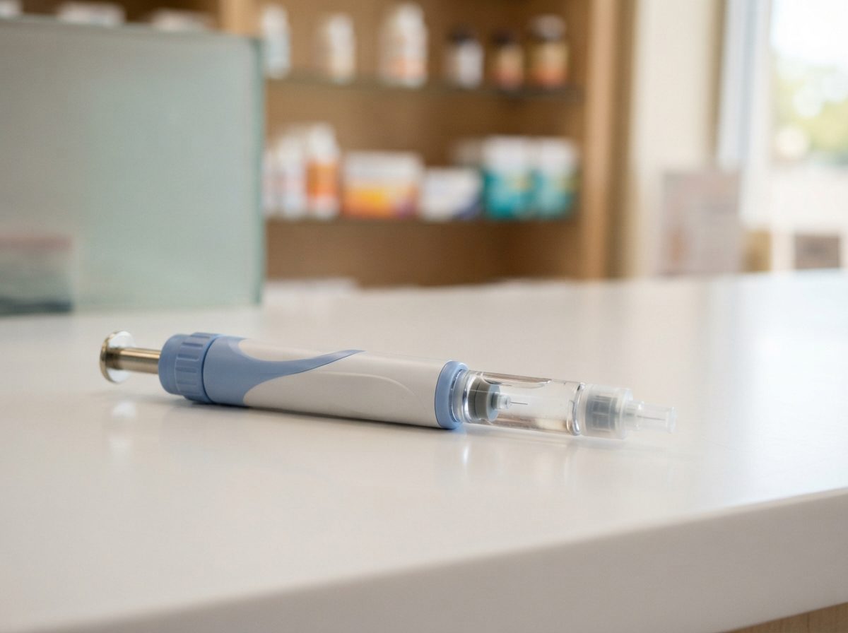An injectable medication pen resting on a clean countertop in a softly lit pharmacy setting.