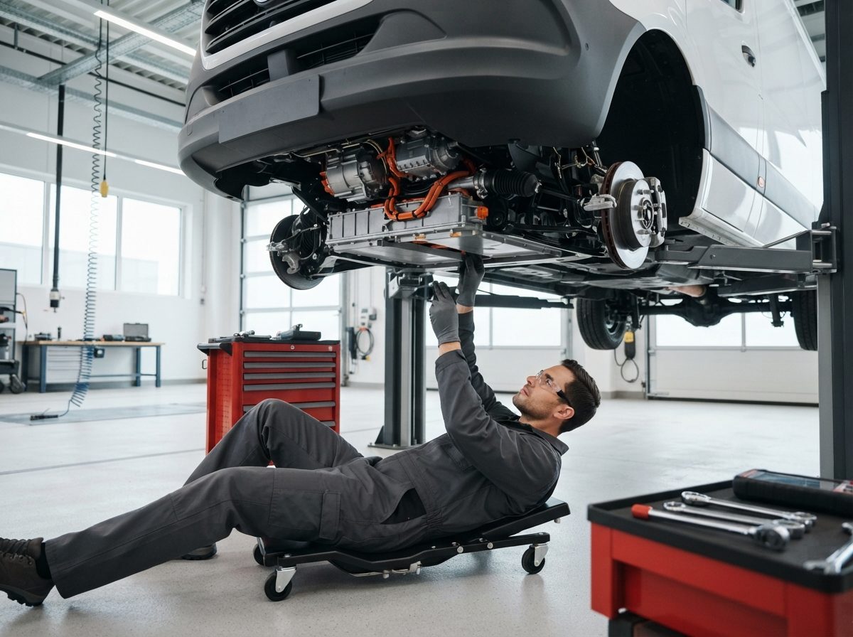 A technician inspecting an electric commercial vehicle in a bright maintenance bay.