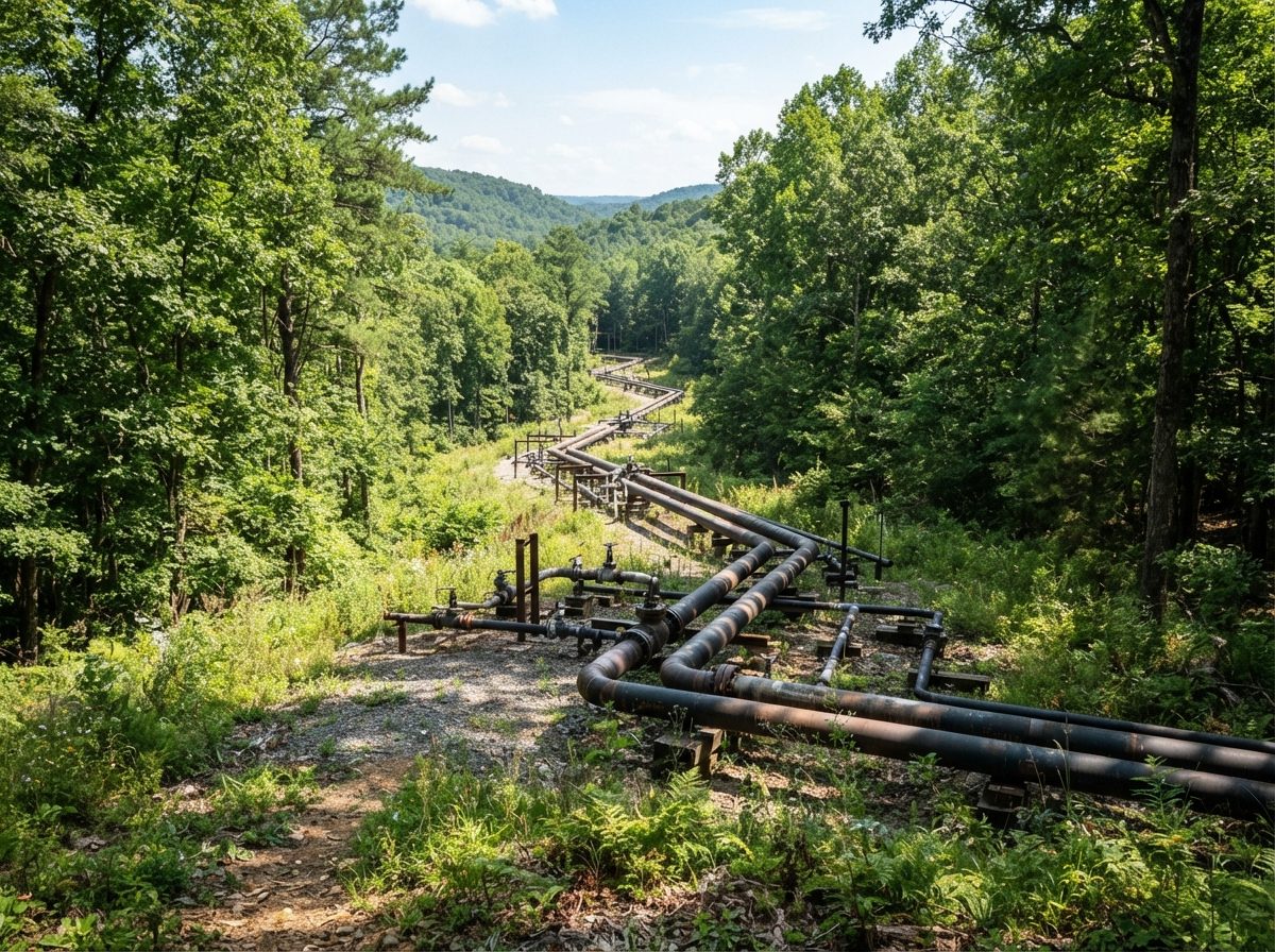 Natural gas gathering pipelines running through a forested Appalachian clearing.