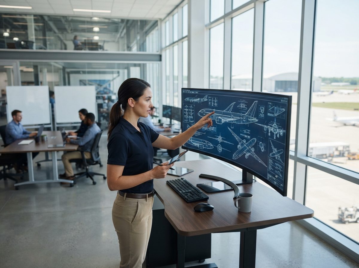 An engineer reviewing aircraft design schematics on a monitor in a bright aerospace office.