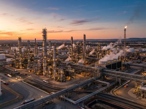 A large oil refinery with steel towers and pipelines glowing in golden evening light.