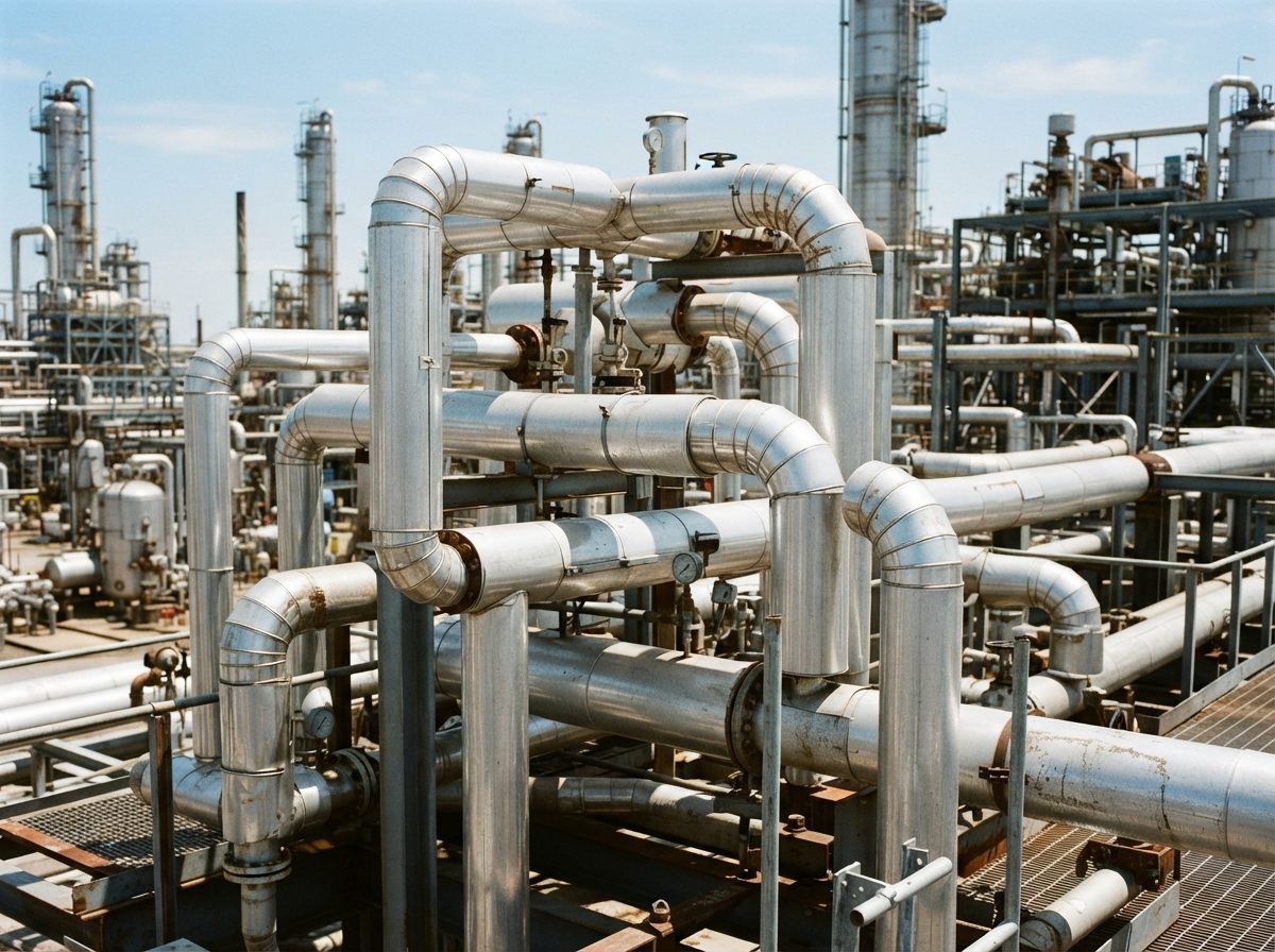 Industrial pipelines winding through a refinery yard under bright daylight.