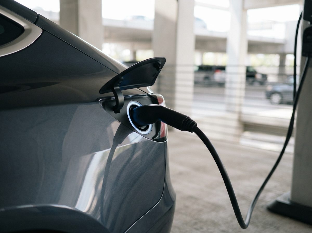An electric vehicle charging port glowing under natural light in a modern parking structure.