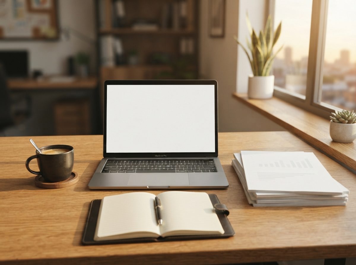 Financial advisor's desk with laptop and investment documents in soft natural light.