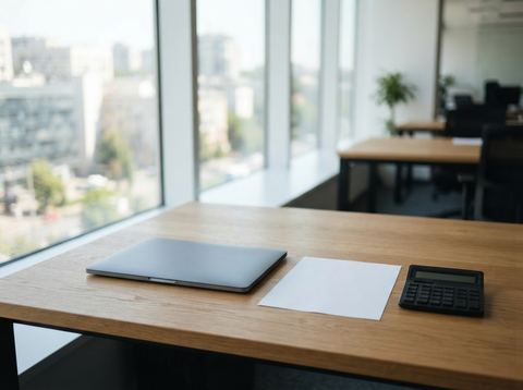 A bright office desk with a closed laptop, blank paper, and an unmarked calculator.