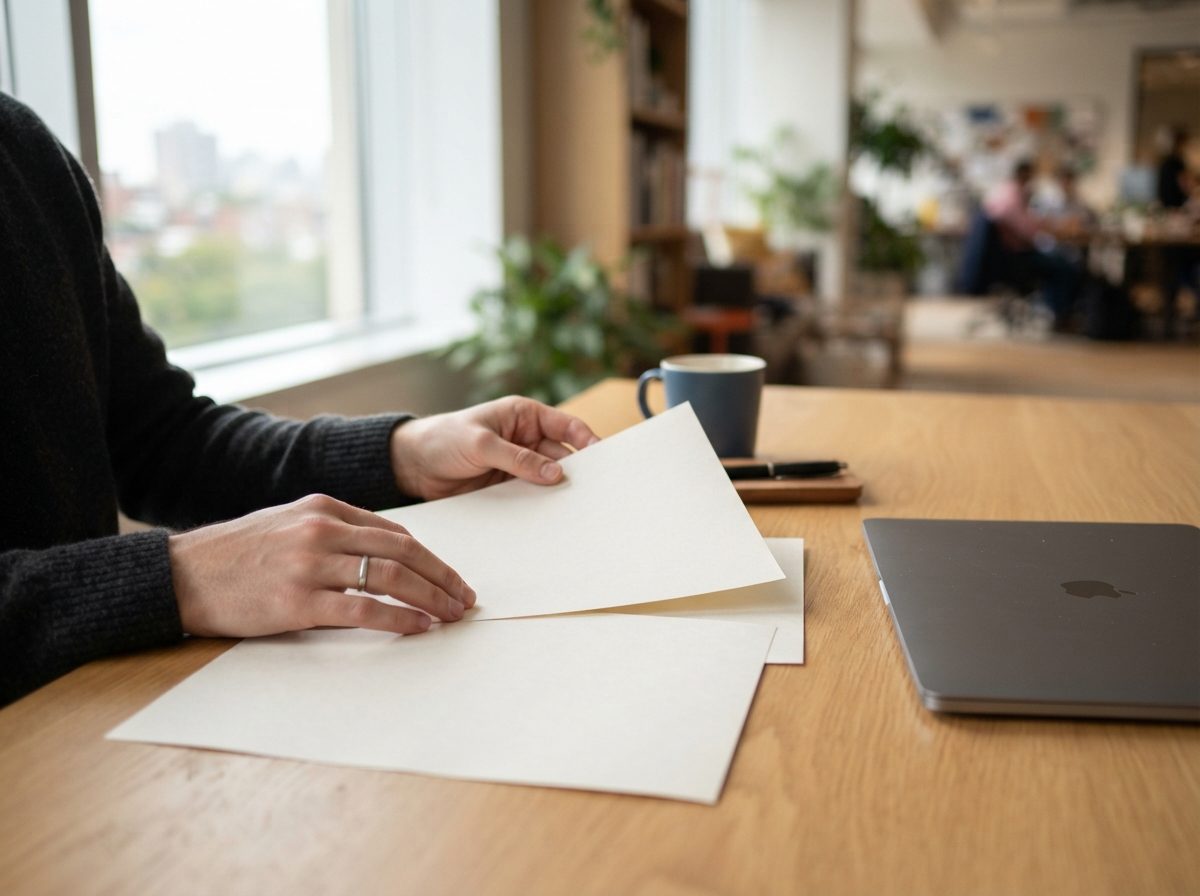 Hands review blank papers beside a closed laptop in a sunlit office.